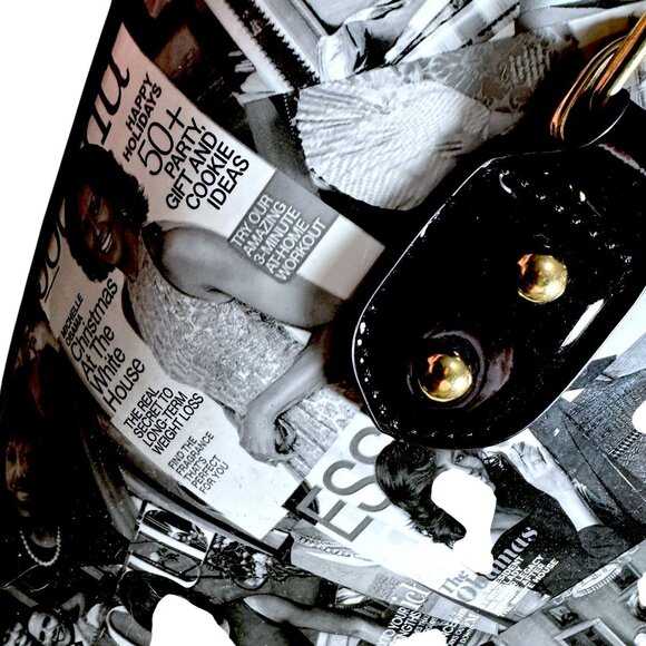 Michelle Obama Magazine Collage Handbag Purse Black Patent Handles Gold Accents - Picture 7 of 8